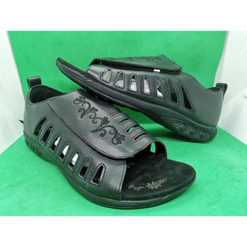 Therafit Shari Black Leather Sandals Comfort Womens Adjustable Shoes Siz 11.5-12